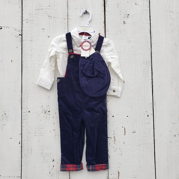 Max Studio Boys Overall Button Down Hat Outfit Set Navy Red White Size 12m NEW - Picture 1 of 4